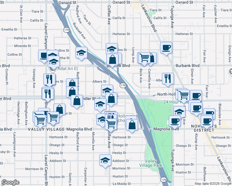 map of restaurants, bars, coffee shops, grocery stores, and more near 5413 Troost Avenue in Los Angeles