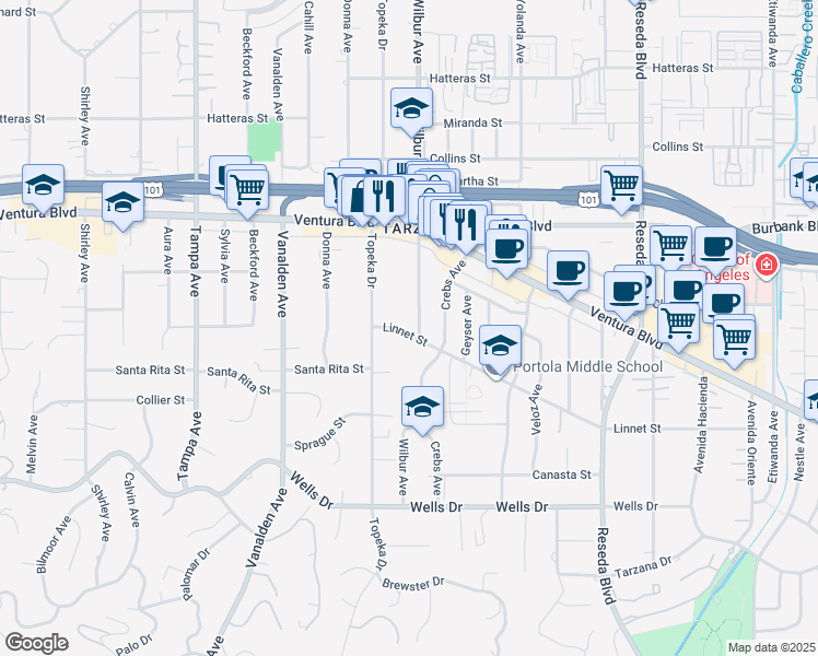 map of restaurants, bars, coffee shops, grocery stores, and more near 5407 Wilbur Avenue in Los Angeles