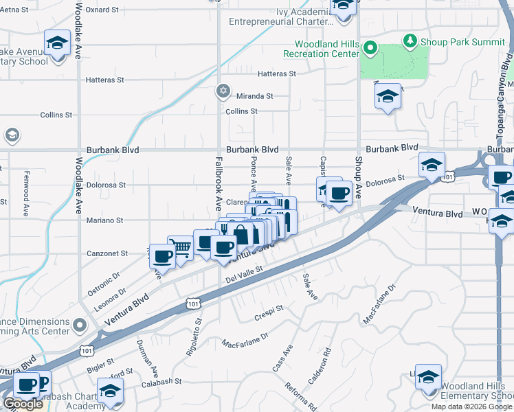 map of restaurants, bars, coffee shops, grocery stores, and more near 22656 Clarendon Street in Los Angeles