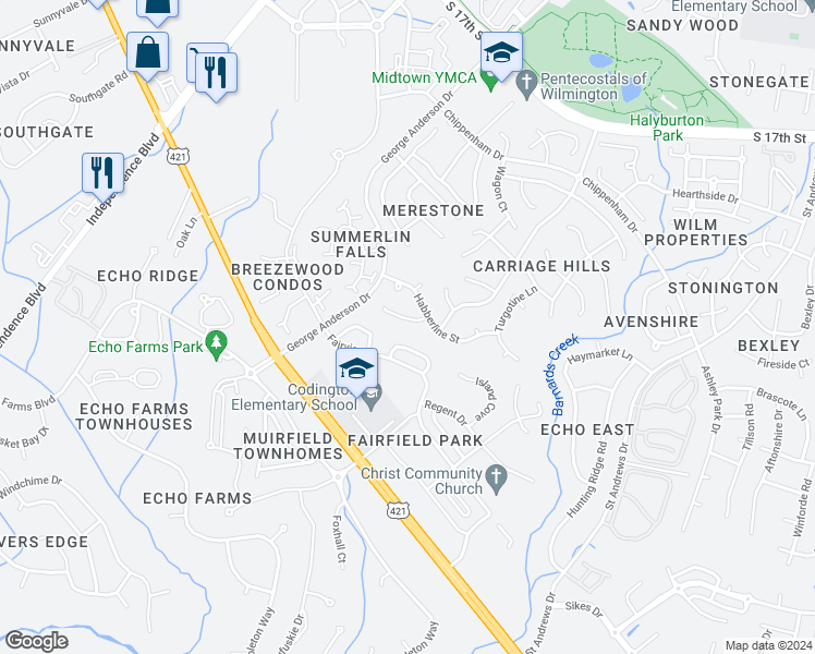 map of restaurants, bars, coffee shops, grocery stores, and more near 928 Taliga Lane in Wilmington