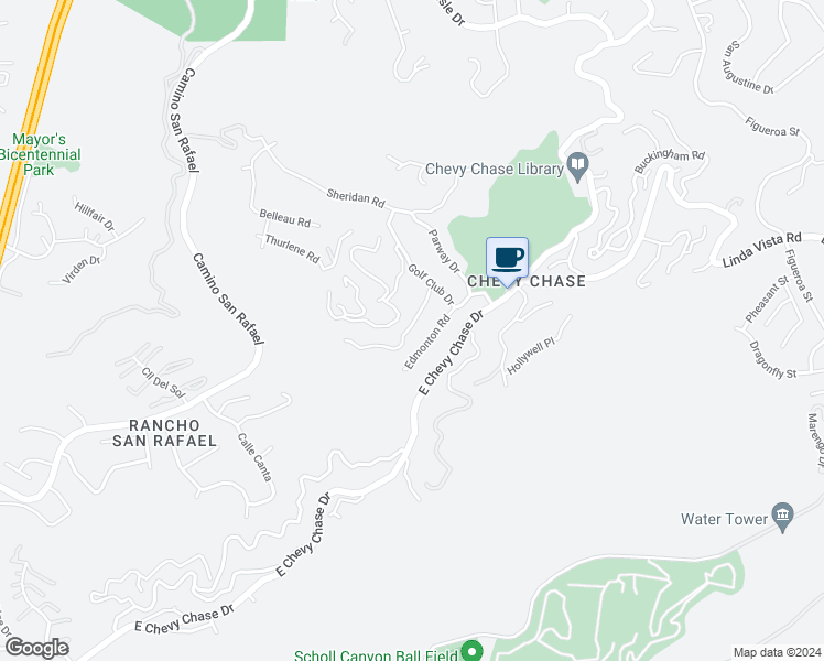 map of restaurants, bars, coffee shops, grocery stores, and more near 2926 Graceland Way in Glendale