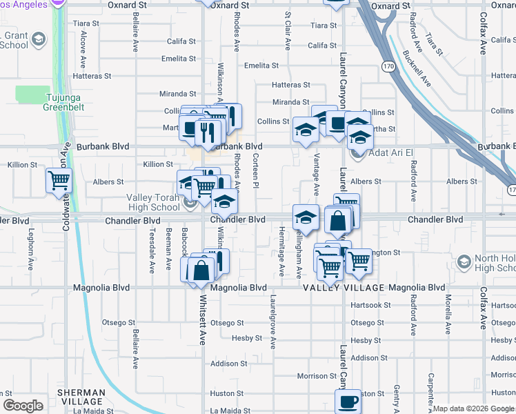 map of restaurants, bars, coffee shops, grocery stores, and more near 12325 Chandler Boulevard in Los Angeles