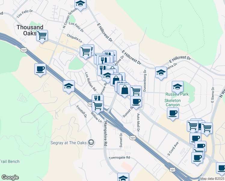 map of restaurants, bars, coffee shops, grocery stores, and more near 3071 Los Robles Road in Thousand Oaks