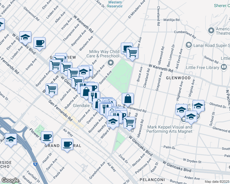 map of restaurants, bars, coffee shops, grocery stores, and more near 1340 Glenwood Road in Glendale