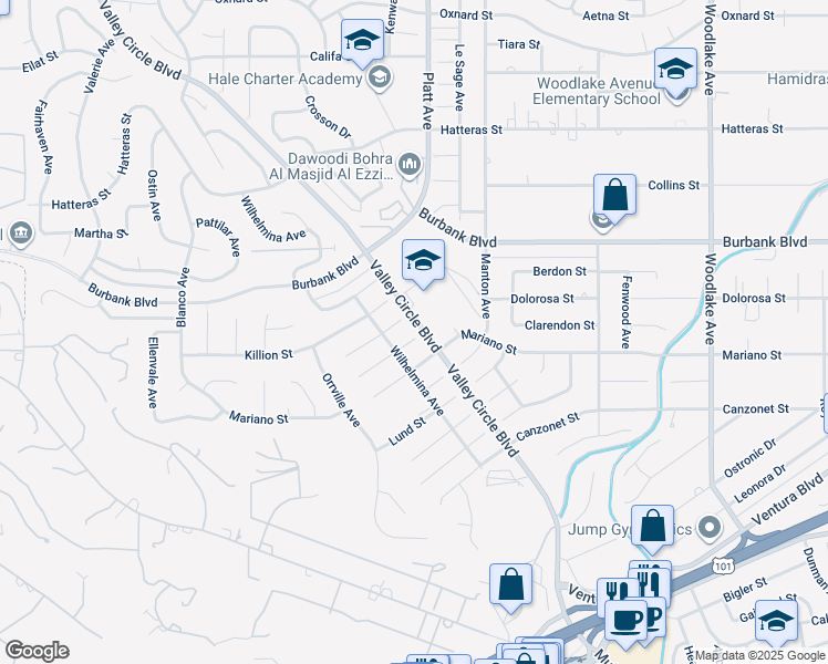 map of restaurants, bars, coffee shops, grocery stores, and more near 23701 Clarendon Street in Los Angeles