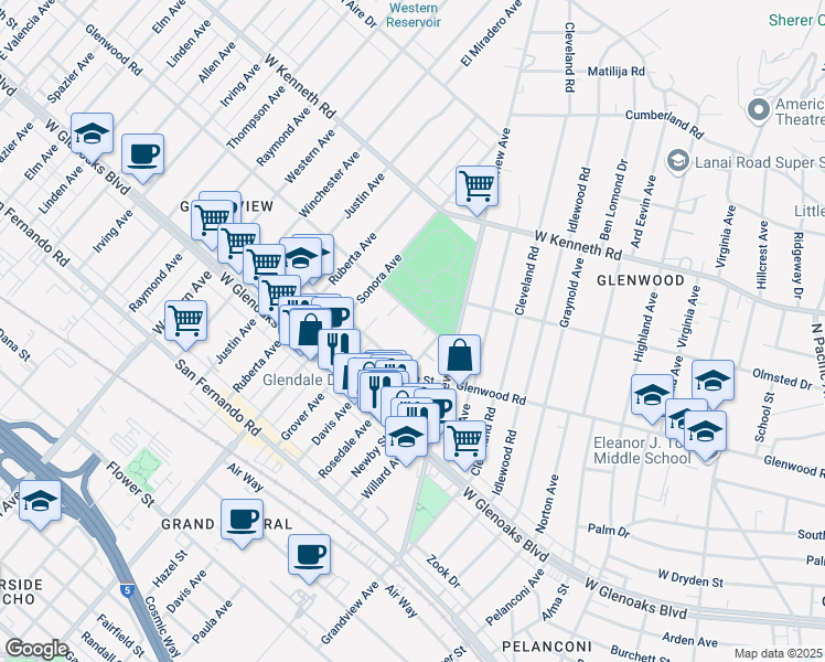 map of restaurants, bars, coffee shops, grocery stores, and more near 1335 5th Street in Glendale