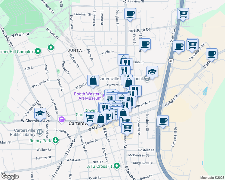 map of restaurants, bars, coffee shops, grocery stores, and more near 14 Douglas Street in Cartersville