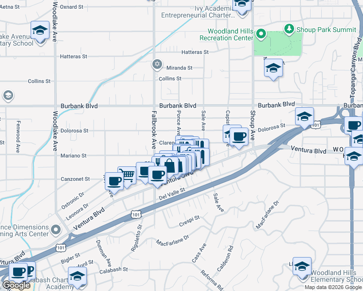map of restaurants, bars, coffee shops, grocery stores, and more near 22656 Clarendon Street in Los Angeles