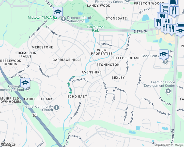 map of restaurants, bars, coffee shops, grocery stores, and more near 1035 Avenshire Circle in Wilmington