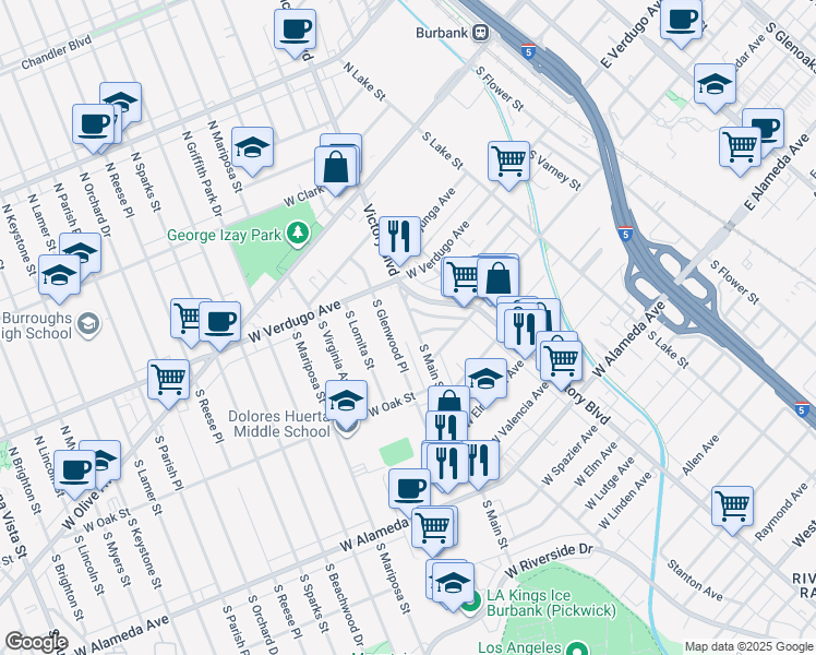 map of restaurants, bars, coffee shops, grocery stores, and more near 521 South Main Street in Burbank