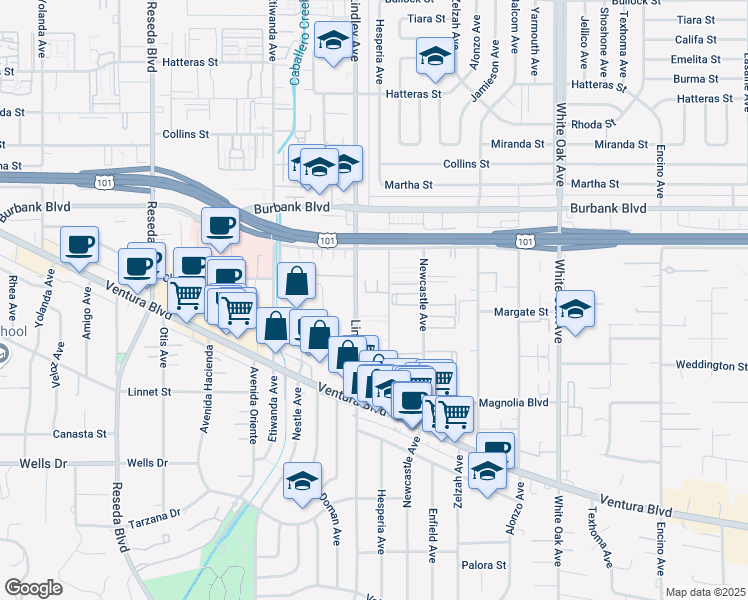 map of restaurants, bars, coffee shops, grocery stores, and more near 5412 Lindley Avenue in Los Angeles