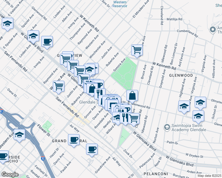 map of restaurants, bars, coffee shops, grocery stores, and more near 1335 5th Street in Glendale