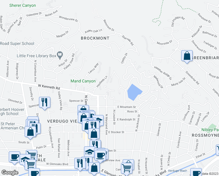map of restaurants, bars, coffee shops, grocery stores, and more near 1492 Dwight Drive in Glendale