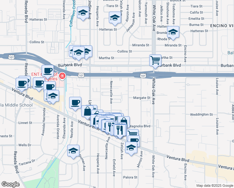 map of restaurants, bars, coffee shops, grocery stores, and more near 5414 Newcastle Avenue in Los Angeles