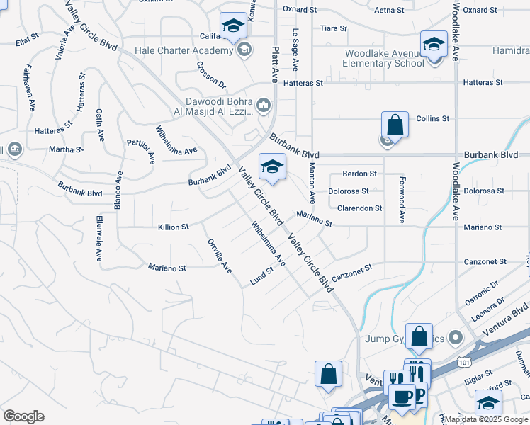 map of restaurants, bars, coffee shops, grocery stores, and more near 23701 Clarendon Street in Los Angeles