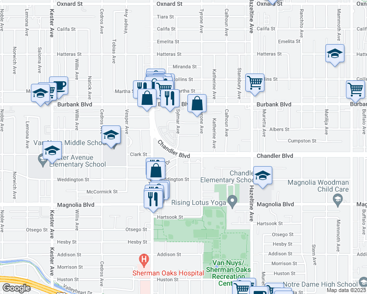 map of restaurants, bars, coffee shops, grocery stores, and more near 14341 Lennox Avenue in Los Angeles