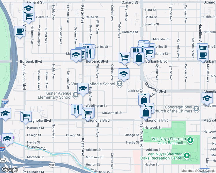 map of restaurants, bars, coffee shops, grocery stores, and more near 14716 Cumpston Street in Los Angeles