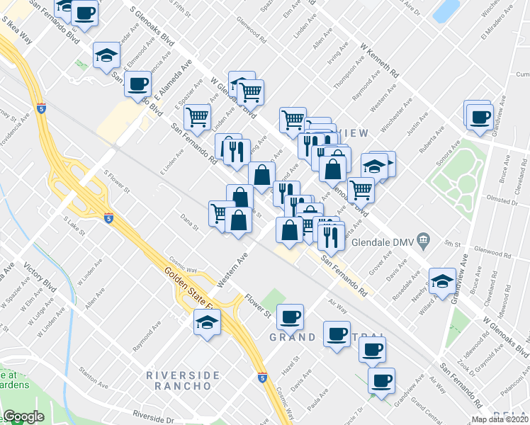 map of restaurants, bars, coffee shops, grocery stores, and more near 917 Western Avenue in Glendale