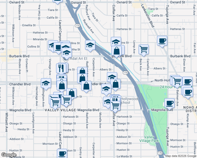 map of restaurants, bars, coffee shops, grocery stores, and more near 11815 Holly Way in Los Angeles