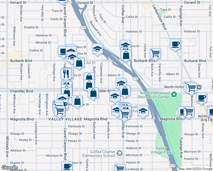 map of restaurants, bars, coffee shops, grocery stores, and more near 11815 Holly Way in Los Angeles