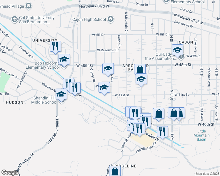 map of restaurants, bars, coffee shops, grocery stores, and more near 1161 West 45th Street in San Bernardino