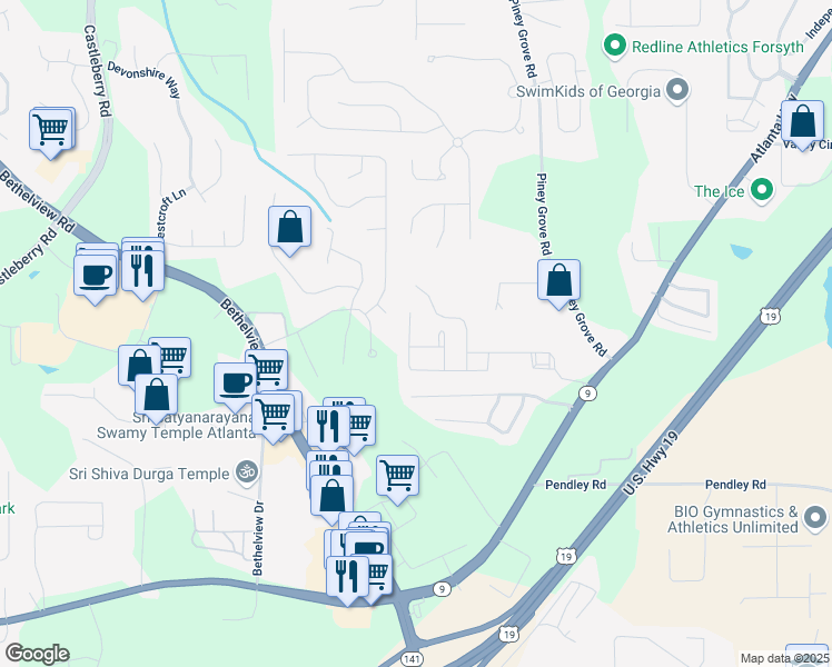 map of restaurants, bars, coffee shops, grocery stores, and more near 2740 Gateview Court in Cumming