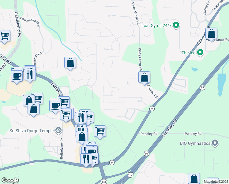 map of restaurants, bars, coffee shops, grocery stores, and more near 2520 Gatewater Court in Cumming