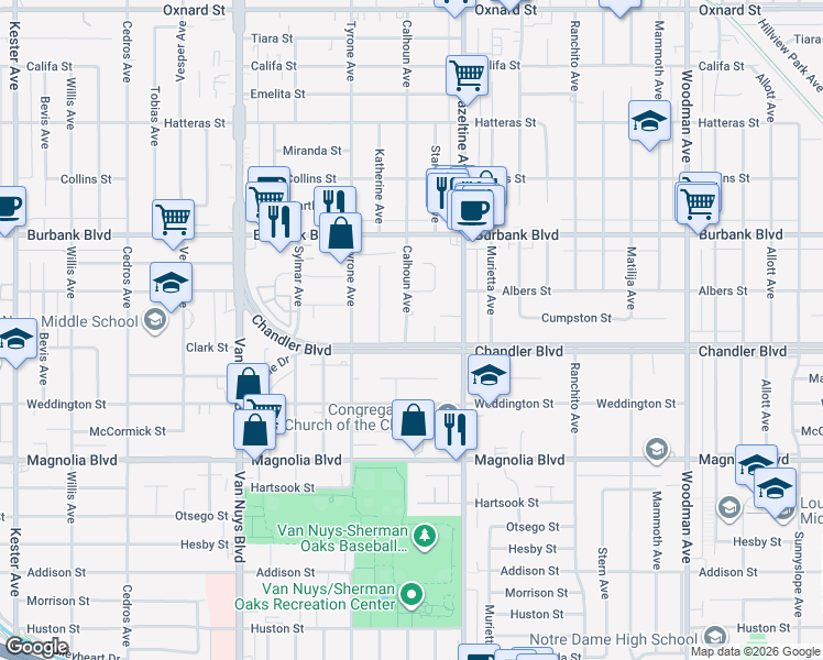 map of restaurants, bars, coffee shops, grocery stores, and more near 5414 Calhoun Avenue in Los Angeles