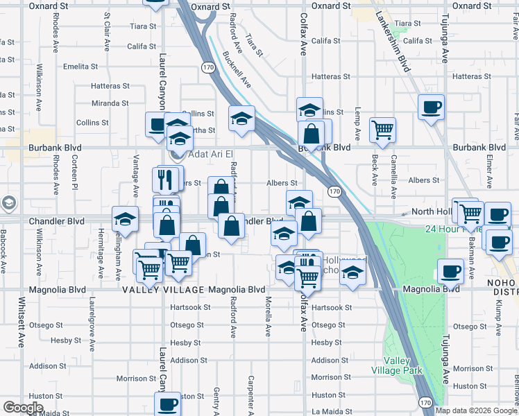 map of restaurants, bars, coffee shops, grocery stores, and more near 11821 Holly Way in Los Angeles