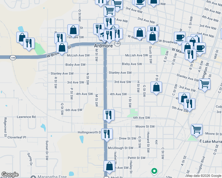 map of restaurants, bars, coffee shops, grocery stores, and more near 326 South Commerce Street in Ardmore