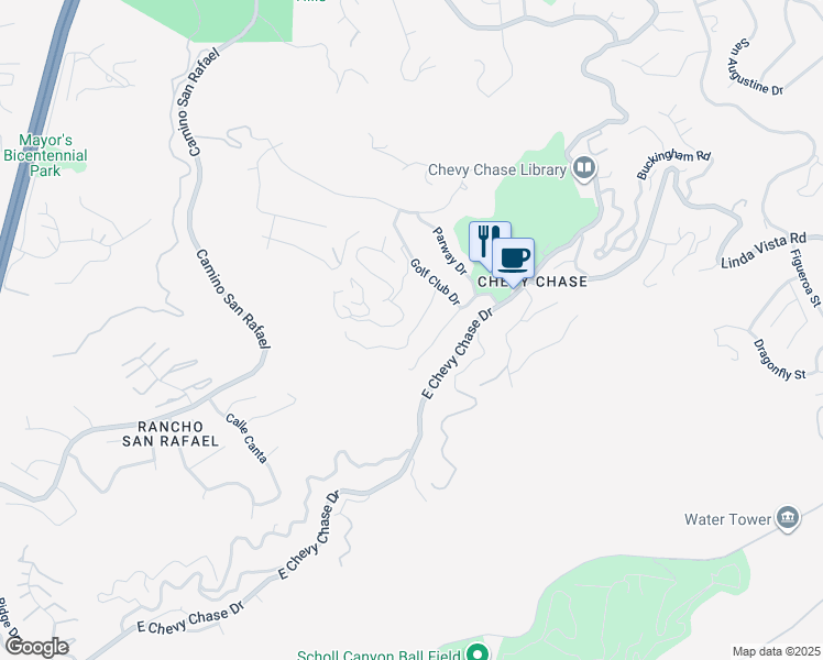 map of restaurants, bars, coffee shops, grocery stores, and more near 2925 Graceland Way in Glendale