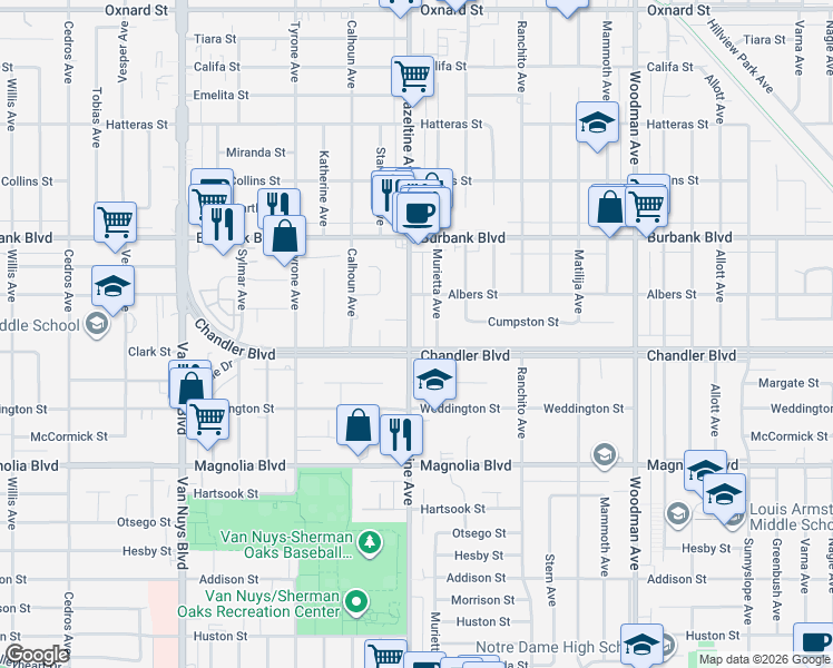 map of restaurants, bars, coffee shops, grocery stores, and more near 5412 Hazeltine Avenue in Los Angeles