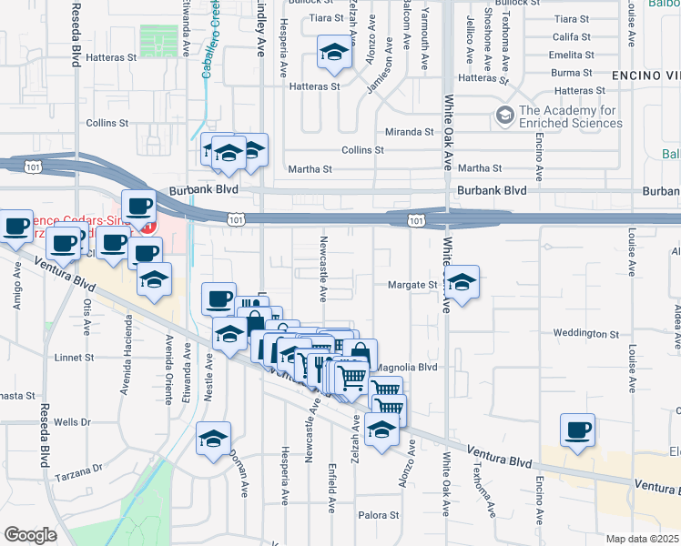 map of restaurants, bars, coffee shops, grocery stores, and more near 5414 Newcastle Avenue in Los Angeles