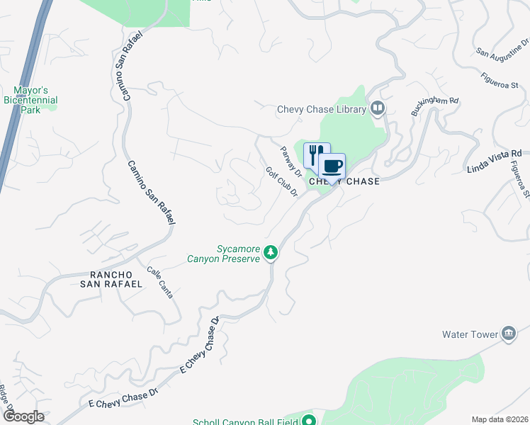 map of restaurants, bars, coffee shops, grocery stores, and more near 2925 Graceland Way in Glendale