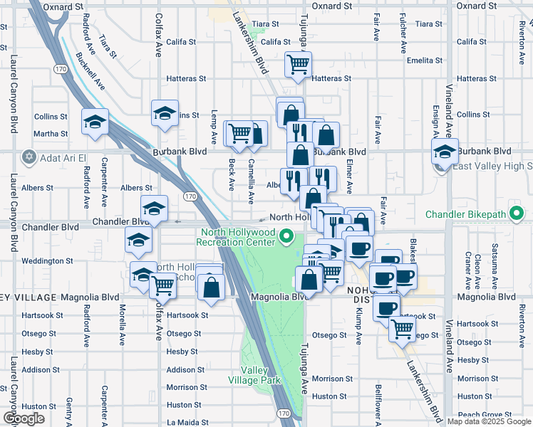 map of restaurants, bars, coffee shops, grocery stores, and more near 11466 Chandler Boulevard in Los Angeles