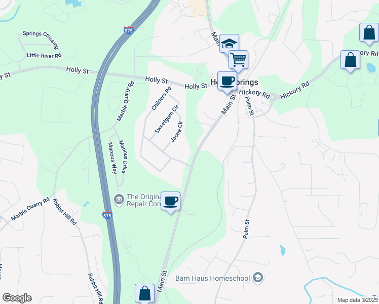 map of restaurants, bars, coffee shops, grocery stores, and more near 3132 Holly Springs Parkway in Canton