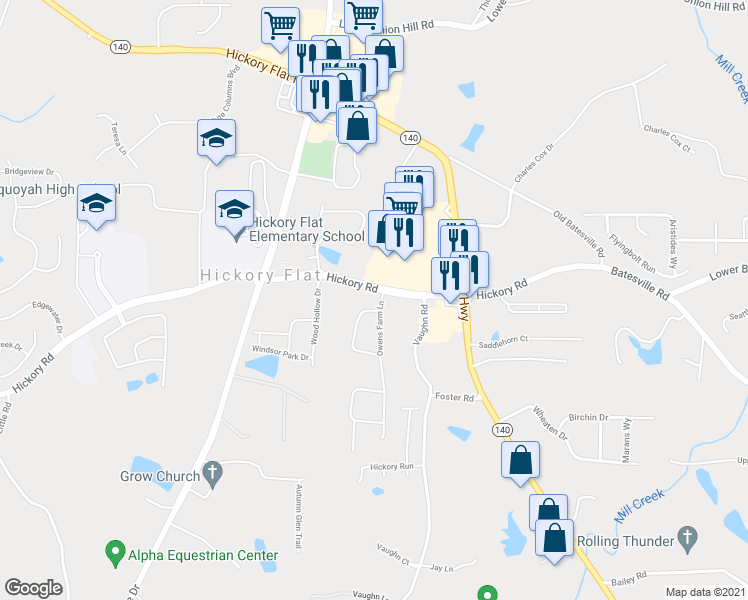 map of restaurants, bars, coffee shops, grocery stores, and more near 206 Orchards Circle in Woodstock