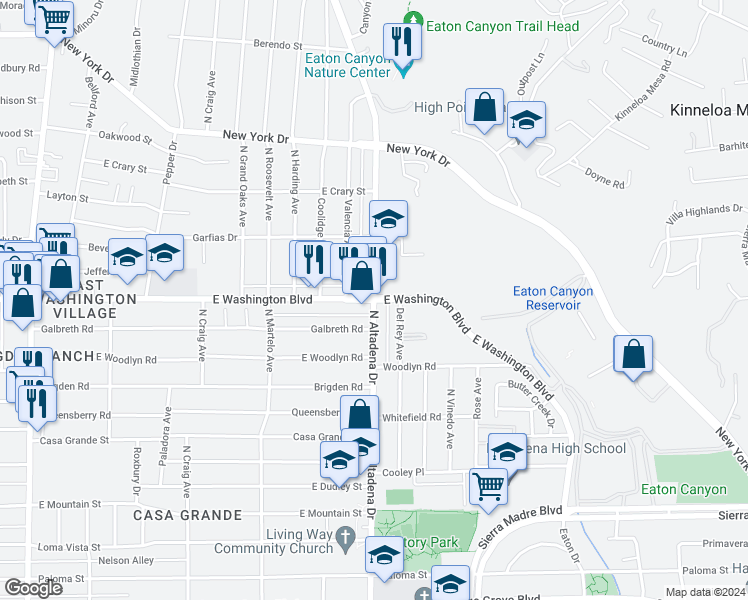 map of restaurants, bars, coffee shops, grocery stores, and more near E Washington Blvd & N Altadena Dr in Pasadena