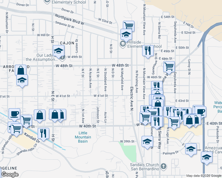 map of restaurants, bars, coffee shops, grocery stores, and more near 4417 North Stoddard Avenue in San Bernardino