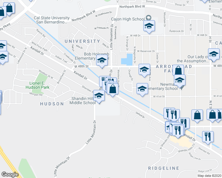 map of restaurants, bars, coffee shops, grocery stores, and more near 1357 Kendall Drive in San Bernardino