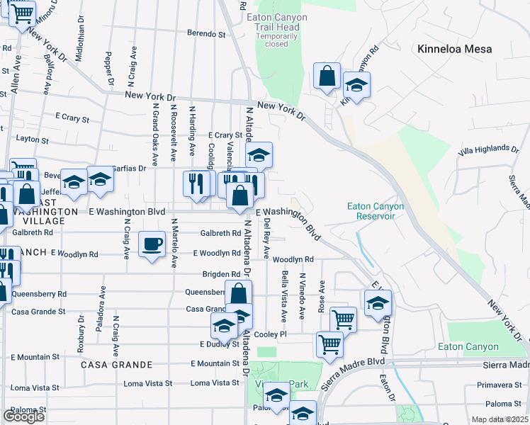 map of restaurants, bars, coffee shops, grocery stores, and more near 1302 North Altadena Drive in Pasadena