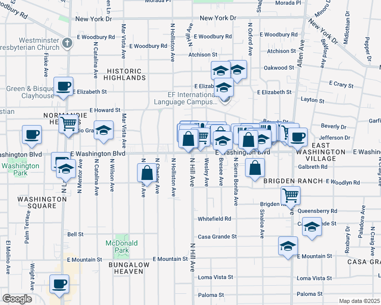 map of restaurants, bars, coffee shops, grocery stores, and more near in Pasadena