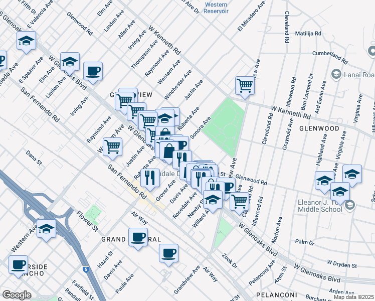 map of restaurants, bars, coffee shops, grocery stores, and more near 1412 5th Street in Glendale