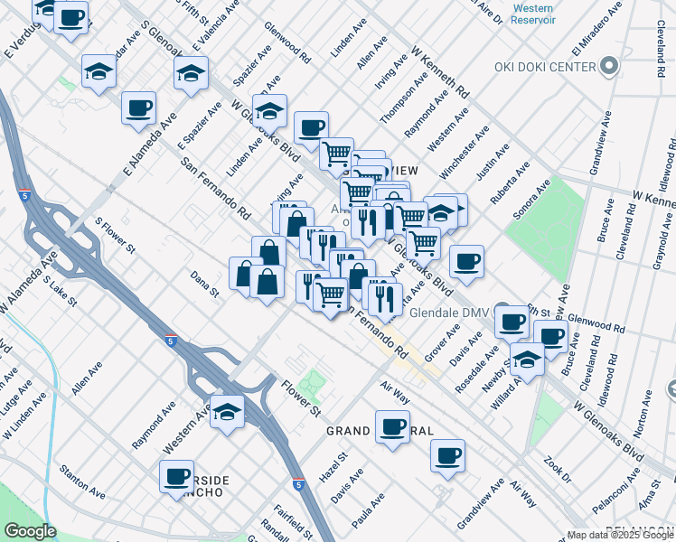 map of restaurants, bars, coffee shops, grocery stores, and more near 6534 San Fernando Road in Glendale