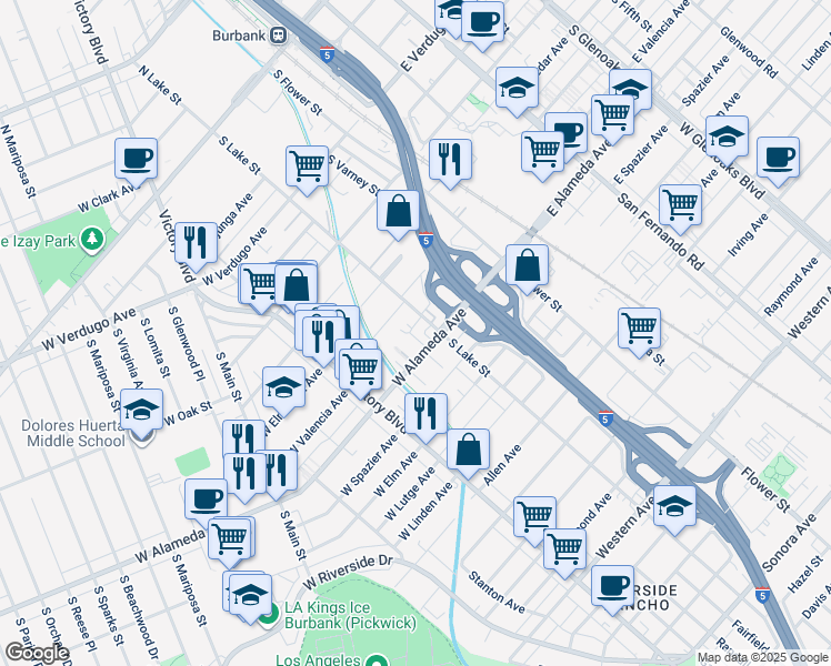 map of restaurants, bars, coffee shops, grocery stores, and more near 225 West Alameda Avenue in Burbank