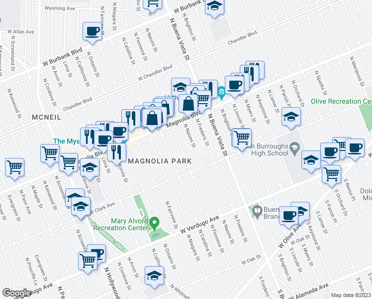 map of restaurants, bars, coffee shops, grocery stores, and more near 644 North Florence Street in Burbank