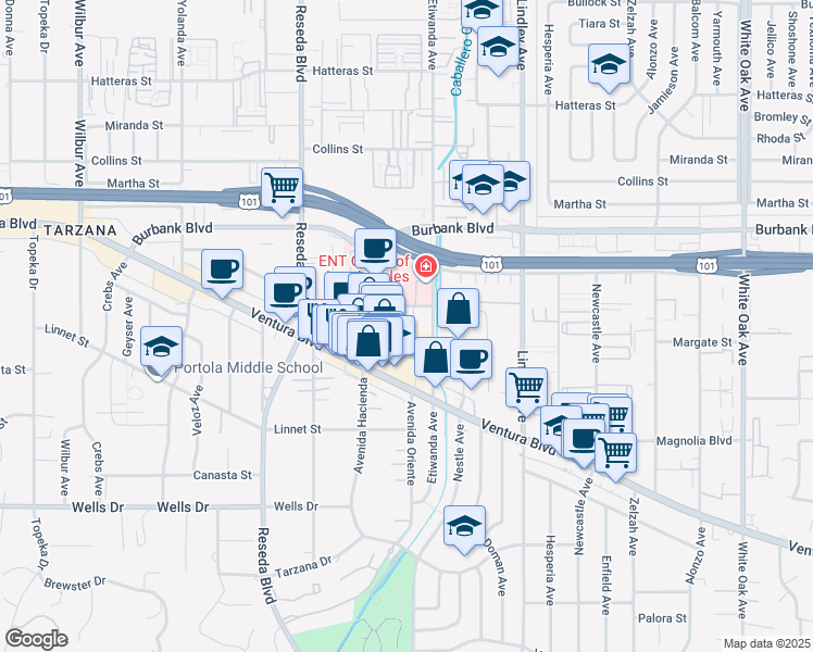 map of restaurants, bars, coffee shops, grocery stores, and more near in Los Angeles