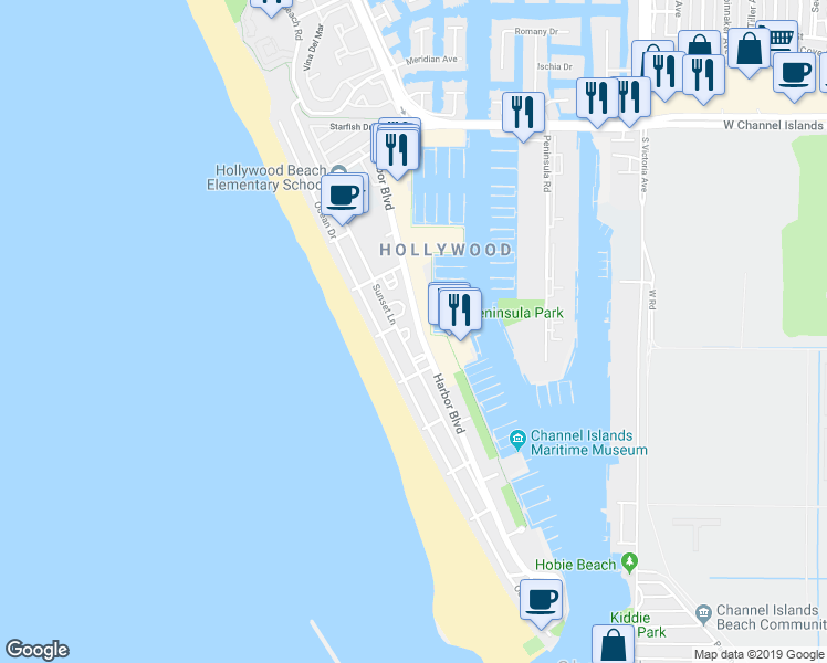 map of restaurants, bars, coffee shops, grocery stores, and more near 3450 Sunset Lane in Oxnard