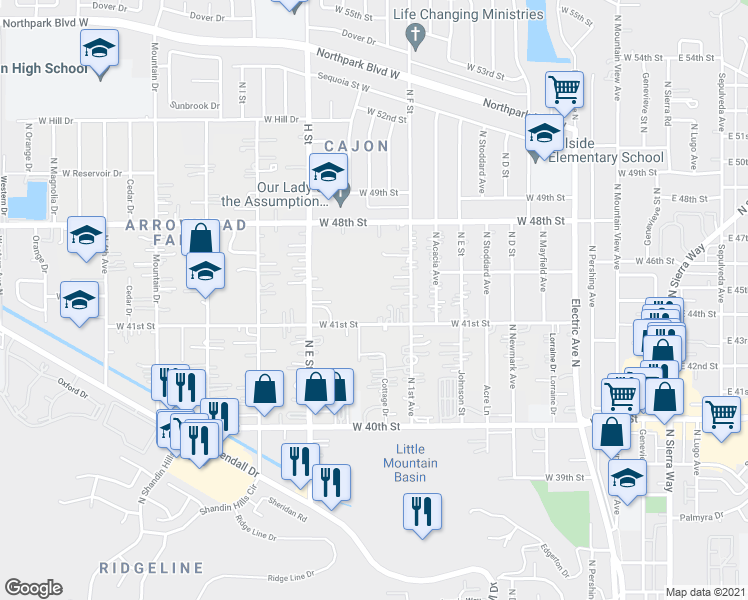 map of restaurants, bars, coffee shops, grocery stores, and more near 674 West 41st Street in San Bernardino County