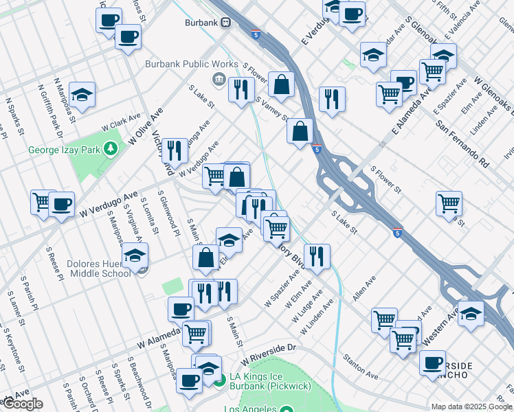 map of restaurants, bars, coffee shops, grocery stores, and more near 267 West Elmwood Avenue in Burbank